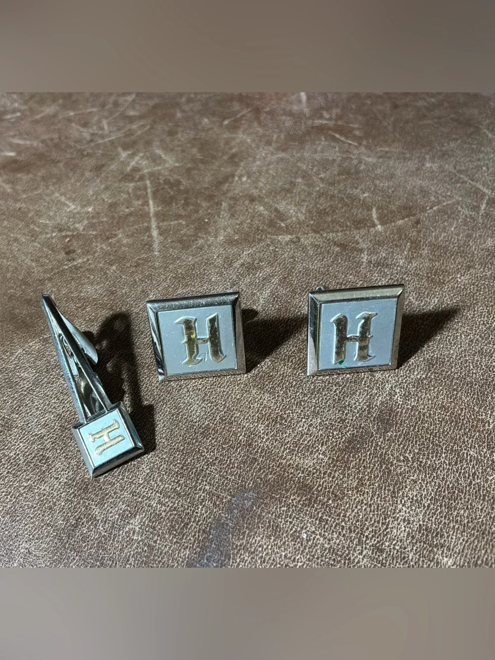Vintage Swank H Monogram Cufflinks and Tie Bar Set Silver Classic Mid Century